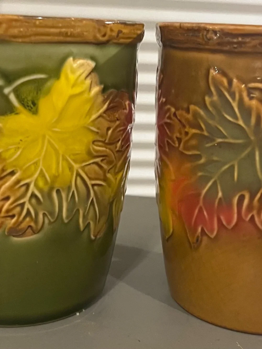 Pier 1 Imports Fall Autumn Leaf Stoneware Coffee Mugs Embossed Oak Set